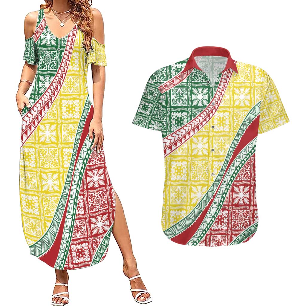 Hawaiian Quilt Pattern Couples Matching Summer Maxi Dress and Hawaiian Shirt Special Color Mixed LT01 Multicolor - Polynesian Pride
