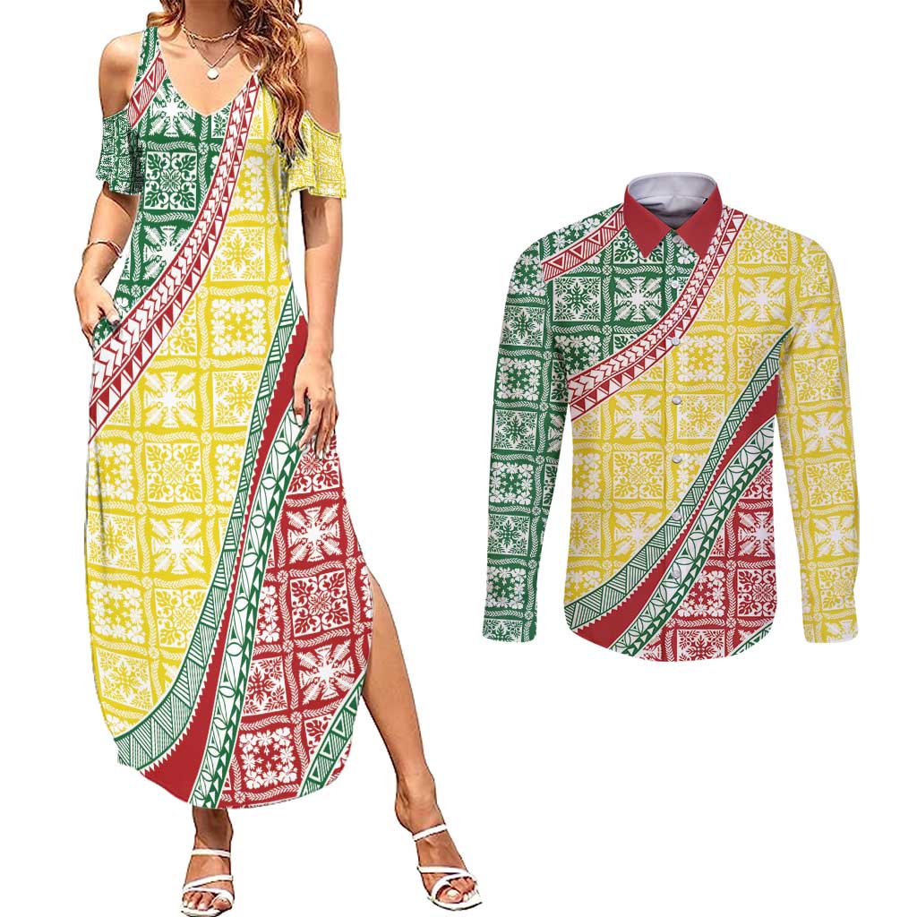 Hawaiian Quilt Pattern Couples Matching Summer Maxi Dress and Long Sleeve Button Shirt Special Color Mixed LT01 Multicolor - Polynesian Pride
