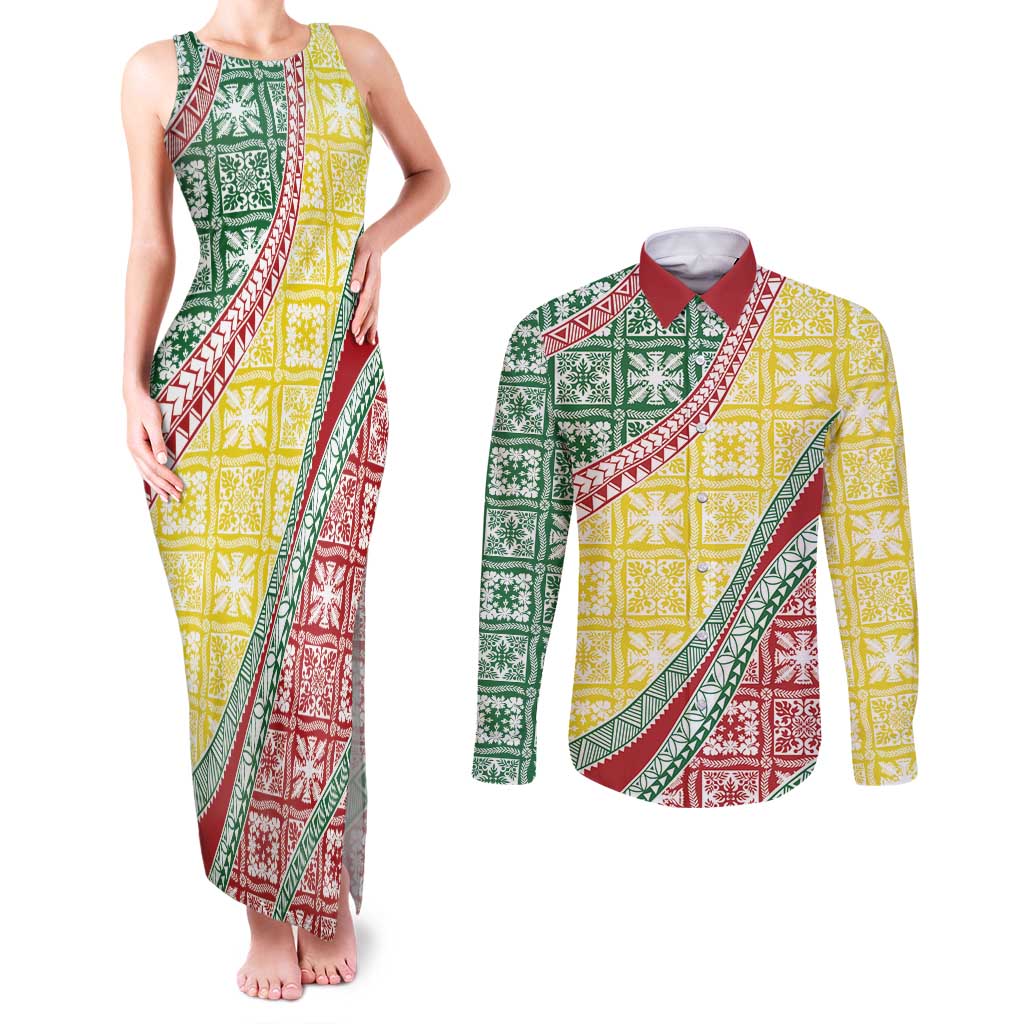 Hawaiian Quilt Pattern Couples Matching Tank Maxi Dress and Long Sleeve Button Shirt Special Color Mixed LT01 Multicolor - Polynesian Pride