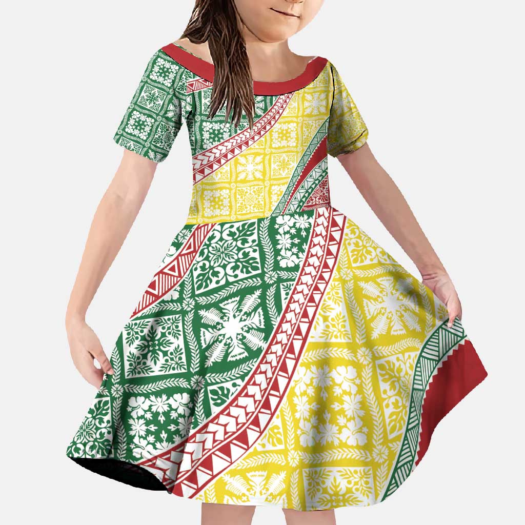 Hawaiian Quilt Pattern Family Matching Long Sleeve Bodycon Dress and Hawaiian Shirt Special Color Mixed LT01 Daughter's Dress Multicolor - Polynesian Pride