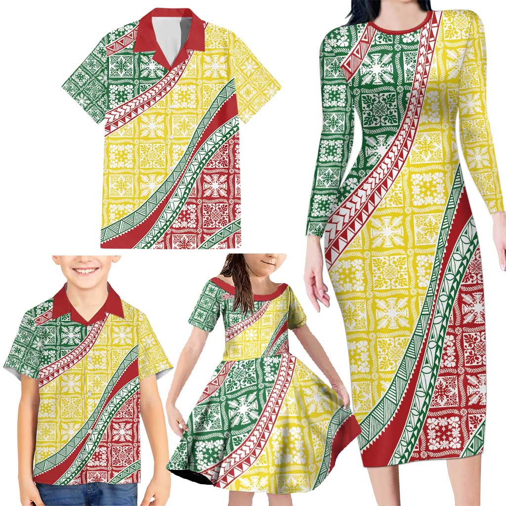 Hawaiian Quilt Pattern Family Matching Long Sleeve Bodycon Dress and Hawaiian Shirt Special Color Mixed LT01 - Polynesian Pride