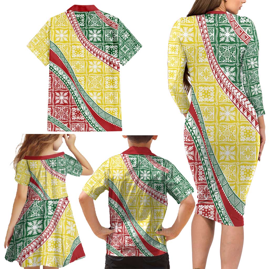 Hawaiian Quilt Pattern Family Matching Long Sleeve Bodycon Dress and Hawaiian Shirt Special Color Mixed LT01 - Polynesian Pride