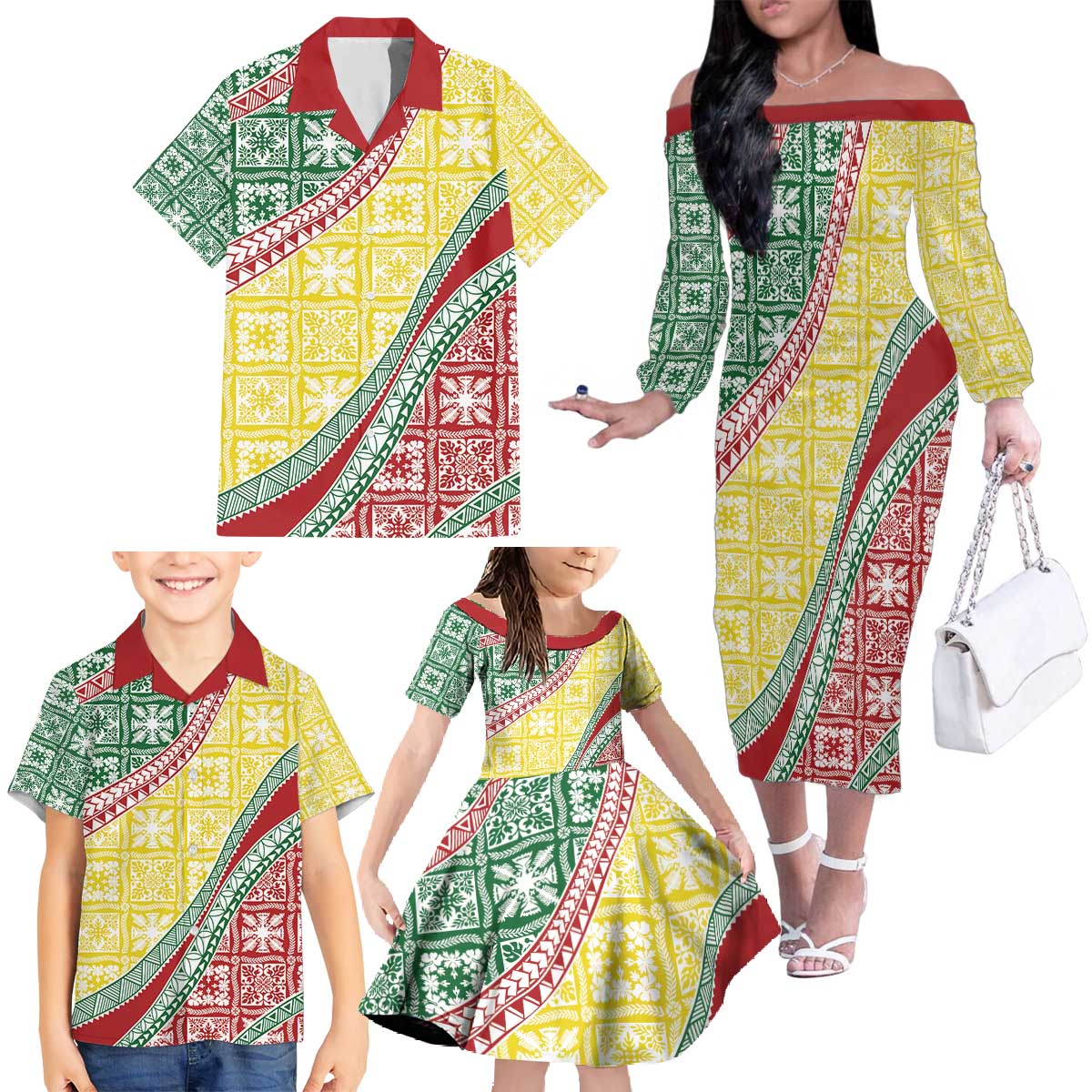 Hawaiian Quilt Pattern Family Matching Off The Shoulder Long Sleeve Dress and Hawaiian Shirt Special Color Mixed LT01 - Polynesian Pride