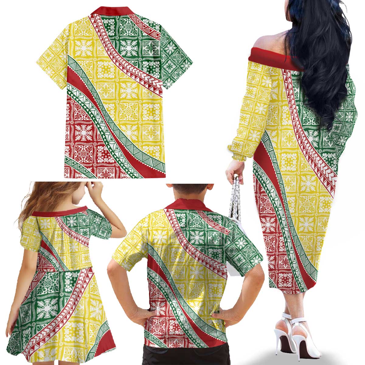 Hawaiian Quilt Pattern Family Matching Off The Shoulder Long Sleeve Dress and Hawaiian Shirt Special Color Mixed LT01 - Polynesian Pride