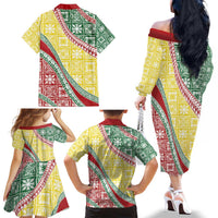 Hawaiian Quilt Pattern Family Matching Off The Shoulder Long Sleeve Dress and Hawaiian Shirt Special Color Mixed LT01 - Polynesian Pride