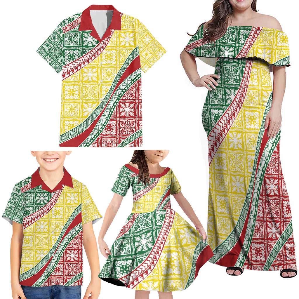 Hawaiian Quilt Pattern Family Matching Off Shoulder Maxi Dress and Hawaiian Shirt Special Color Mixed LT01 - Polynesian Pride