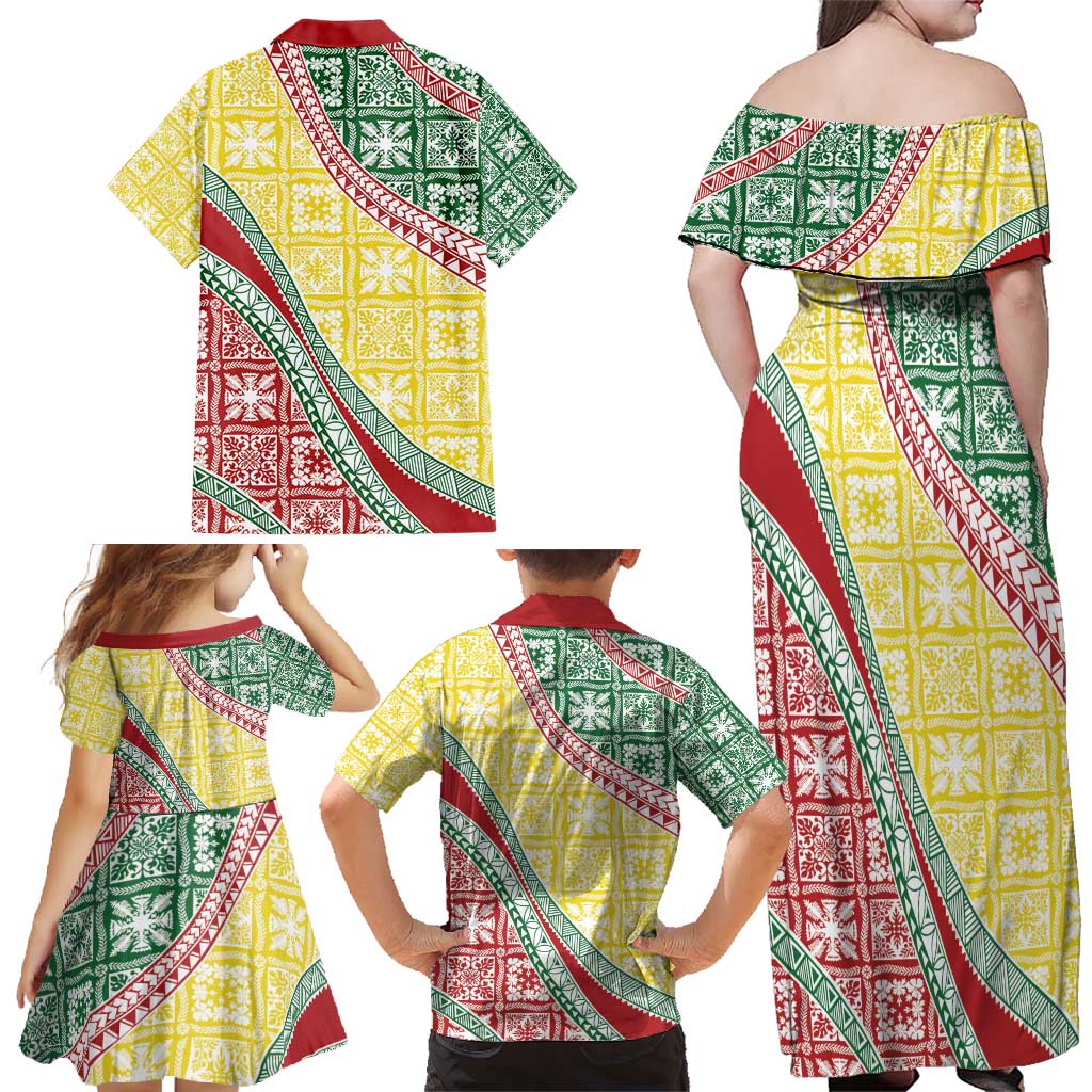 Hawaiian Quilt Pattern Family Matching Off Shoulder Maxi Dress and Hawaiian Shirt Special Color Mixed LT01 - Polynesian Pride