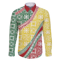 Hawaiian Quilt Pattern Family Matching Off Shoulder Maxi Dress and Hawaiian Shirt Special Color Mixed LT01 Dad's Shirt - Long Sleeve Multicolor - Polynesian Pride