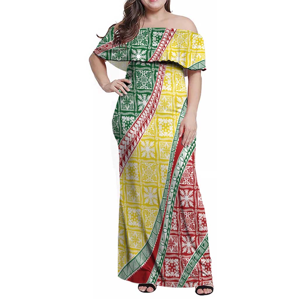 Hawaiian Quilt Pattern Family Matching Off Shoulder Maxi Dress and Hawaiian Shirt Special Color Mixed LT01 Mom's Dress Multicolor - Polynesian Pride