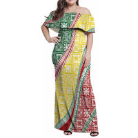 Hawaiian Quilt Pattern Family Matching Off Shoulder Maxi Dress and Hawaiian Shirt Special Color Mixed LT01 Mom's Dress Multicolor - Polynesian Pride