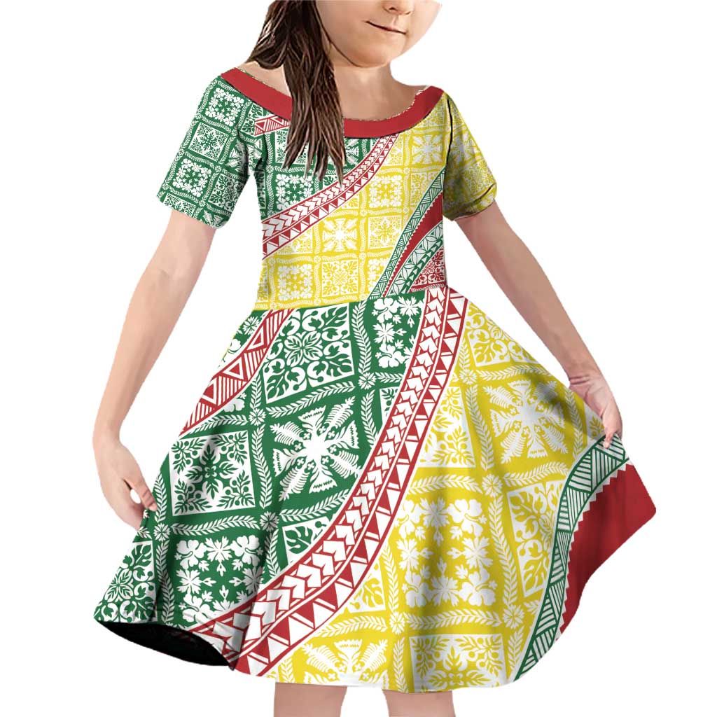 Hawaiian Quilt Pattern Family Matching Off Shoulder Short Dress and Hawaiian Shirt Special Color Mixed LT01 Daughter's Dress Multicolor - Polynesian Pride