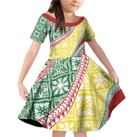 Hawaiian Quilt Pattern Family Matching Off Shoulder Short Dress and Hawaiian Shirt Special Color Mixed LT01 Daughter's Dress Multicolor - Polynesian Pride