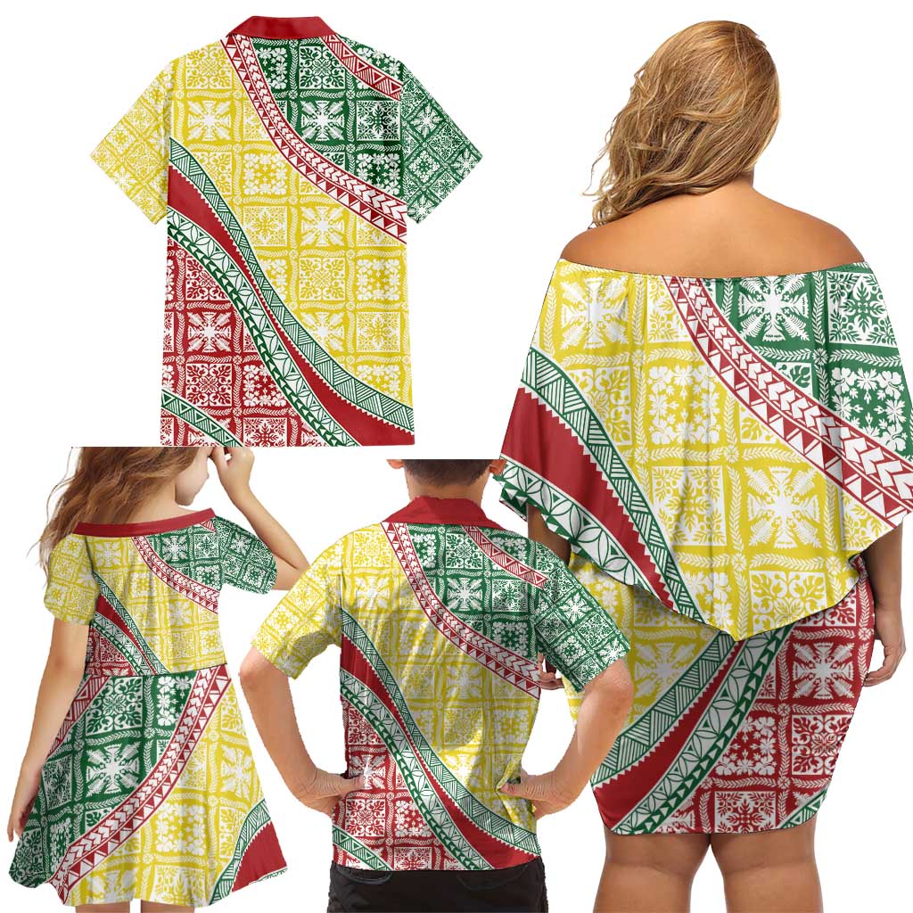 Hawaiian Quilt Pattern Family Matching Off Shoulder Short Dress and Hawaiian Shirt Special Color Mixed LT01 - Polynesian Pride