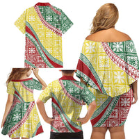 Hawaiian Quilt Pattern Family Matching Off Shoulder Short Dress and Hawaiian Shirt Special Color Mixed LT01 - Polynesian Pride