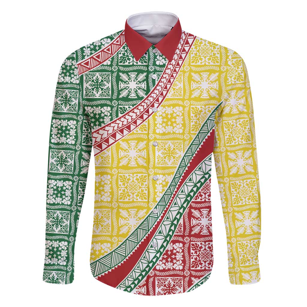Hawaiian Quilt Pattern Family Matching Off Shoulder Short Dress and Hawaiian Shirt Special Color Mixed LT01 Dad's Shirt - Long Sleeve Multicolor - Polynesian Pride