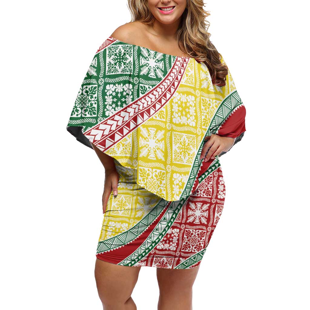 Hawaiian Quilt Pattern Family Matching Off Shoulder Short Dress and Hawaiian Shirt Special Color Mixed LT01 Mom's Dress Multicolor - Polynesian Pride