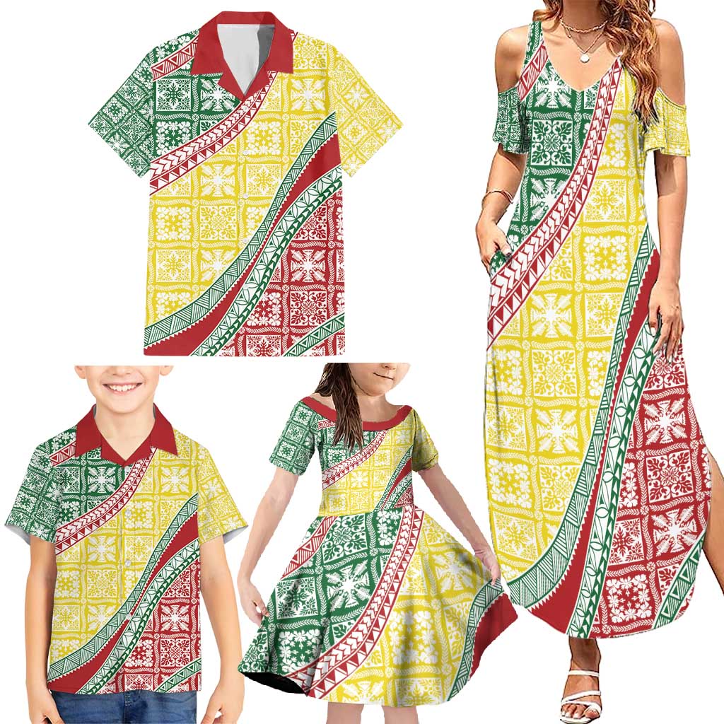 Hawaiian Quilt Pattern Family Matching Summer Maxi Dress and Hawaiian Shirt Special Color Mixed LT01 - Polynesian Pride