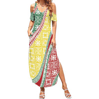 Hawaiian Quilt Pattern Family Matching Summer Maxi Dress and Hawaiian Shirt Special Color Mixed LT01 Mom's Dress Multicolor - Polynesian Pride