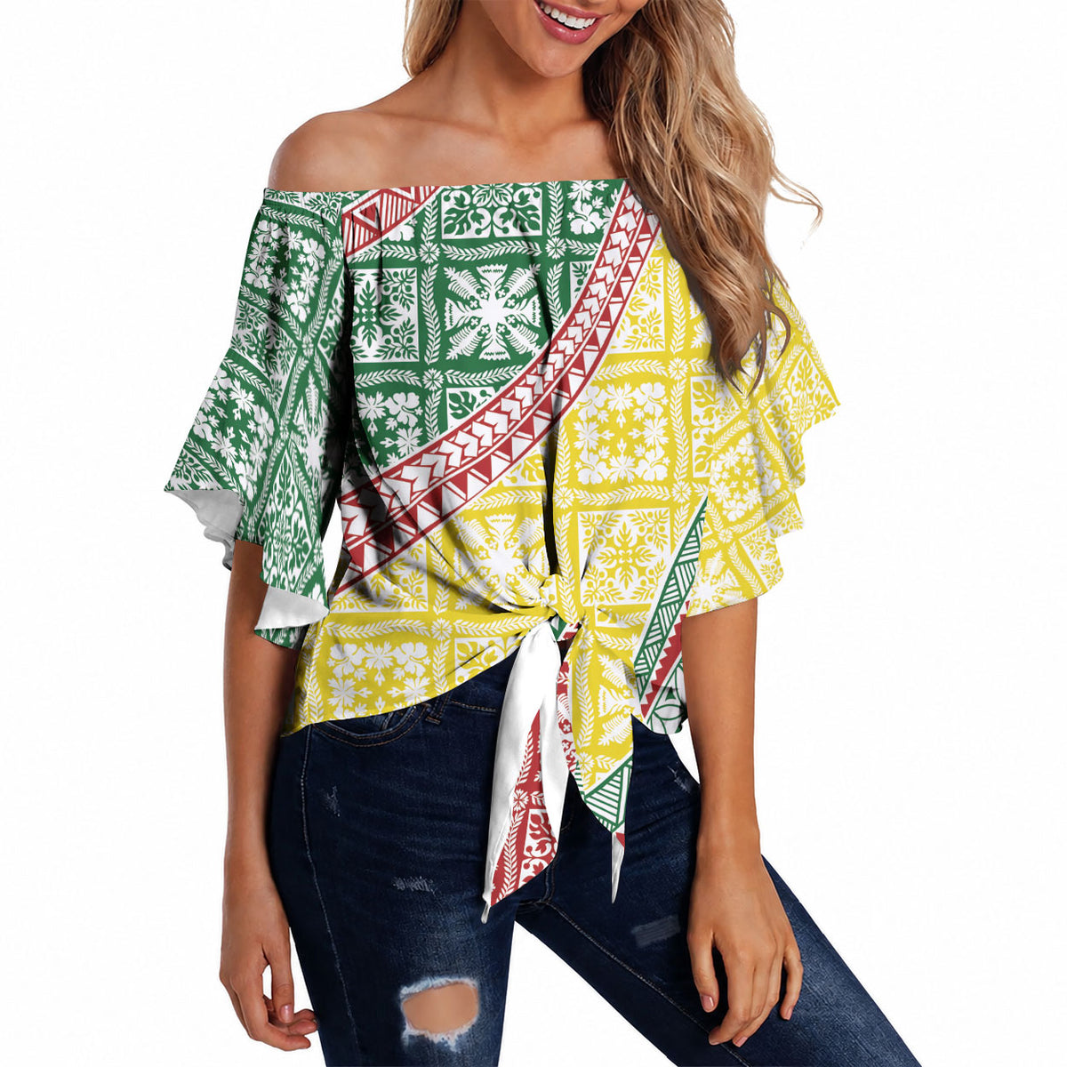 Hawaiian Quilt Pattern Off Shoulder Wrap Waist Top Special Color Mixed LT01 - Polynesian Pride