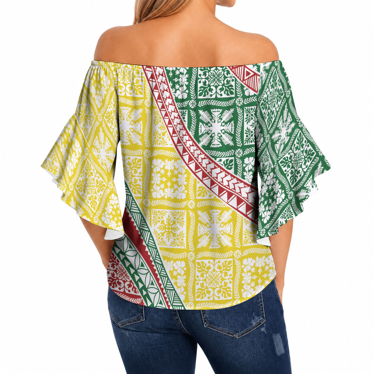 Hawaiian Quilt Pattern Off Shoulder Wrap Waist Top Special Color Mixed LT01 - Polynesian Pride