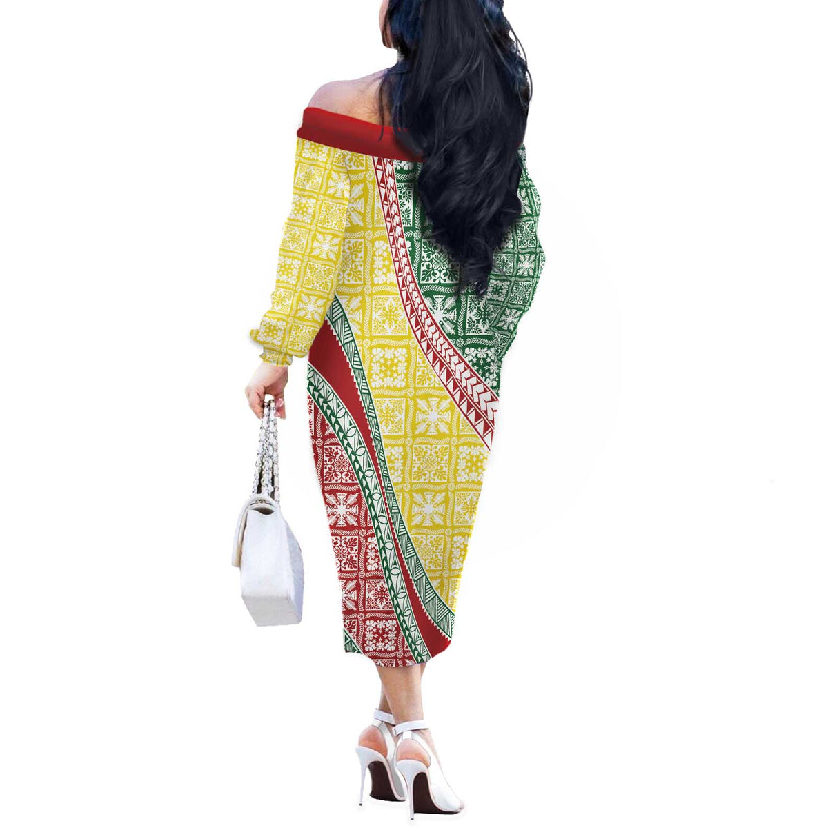 Hawaiian Quilt Pattern Off The Shoulder Long Sleeve Dress Special Color Mixed - Polynesian Pride