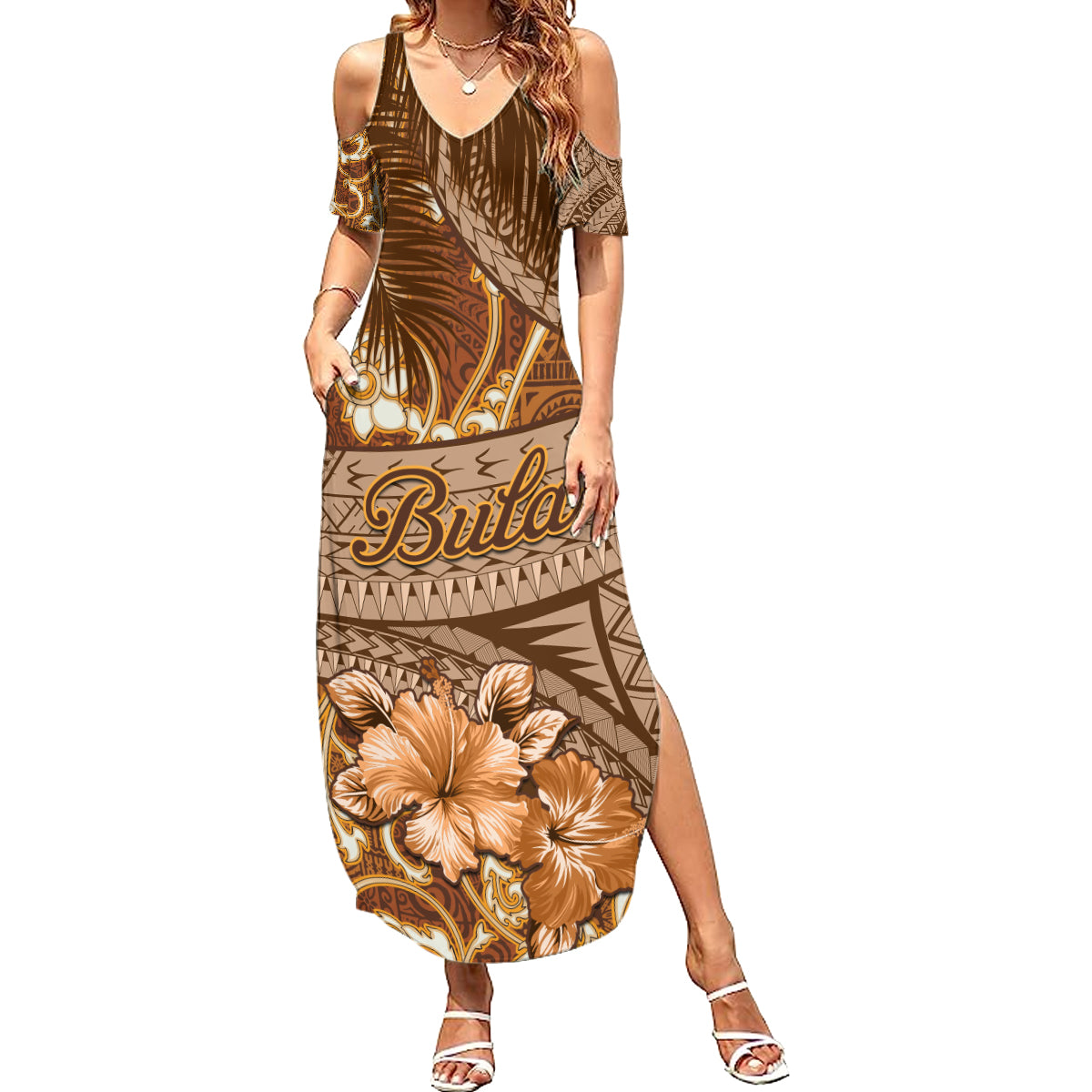 Personalised Fiji Masi Family Matching Summer Maxi Dress and Hawaiian Shirt Bula Fijian Masi Tapa Vintage Style LT01 Mom's Dress Brown - Polynesian Pride