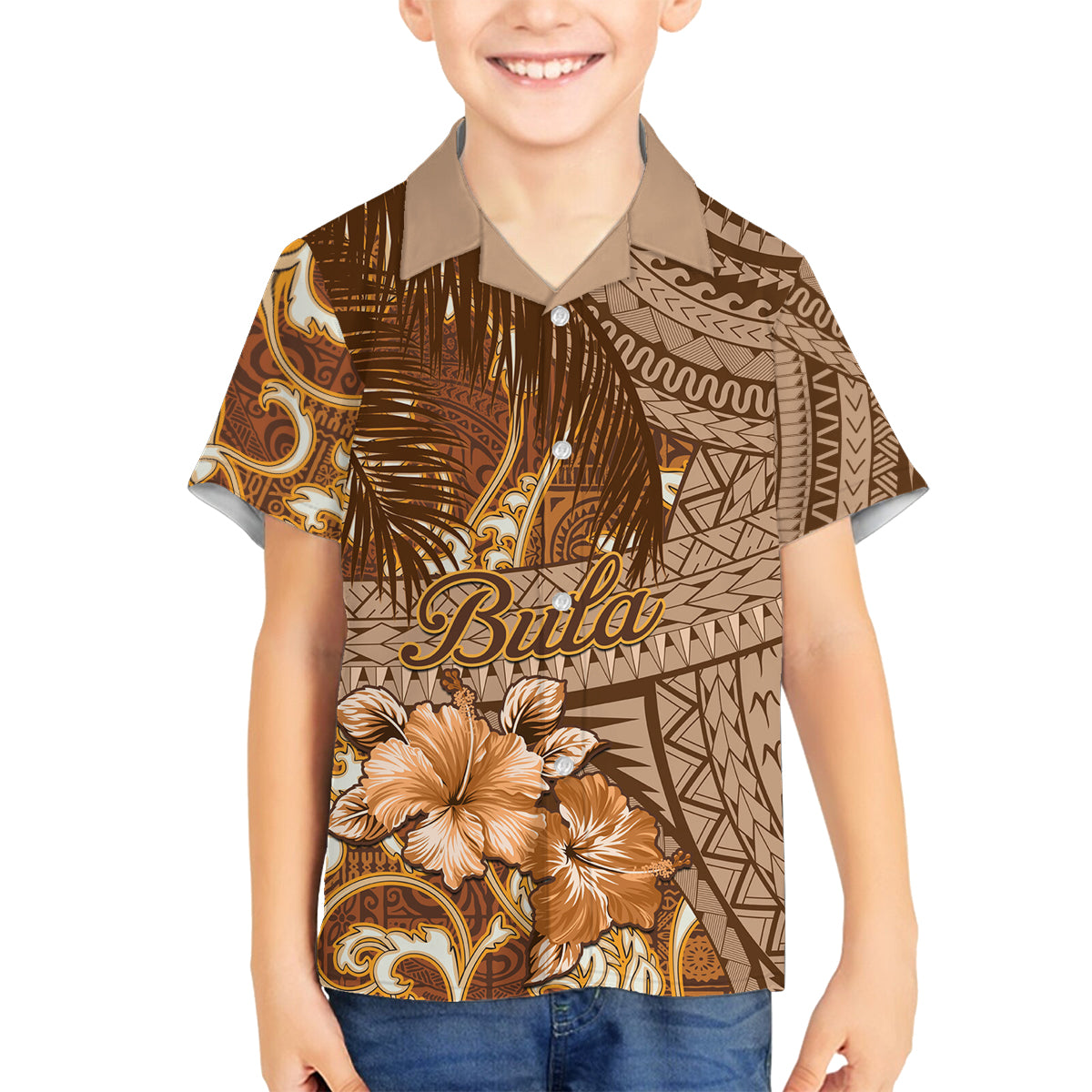 Personalised Fiji Masi Family Matching Summer Maxi Dress and Hawaiian Shirt Bula Fijian Masi Tapa Vintage Style LT01 Son's Shirt Brown - Polynesian Pride