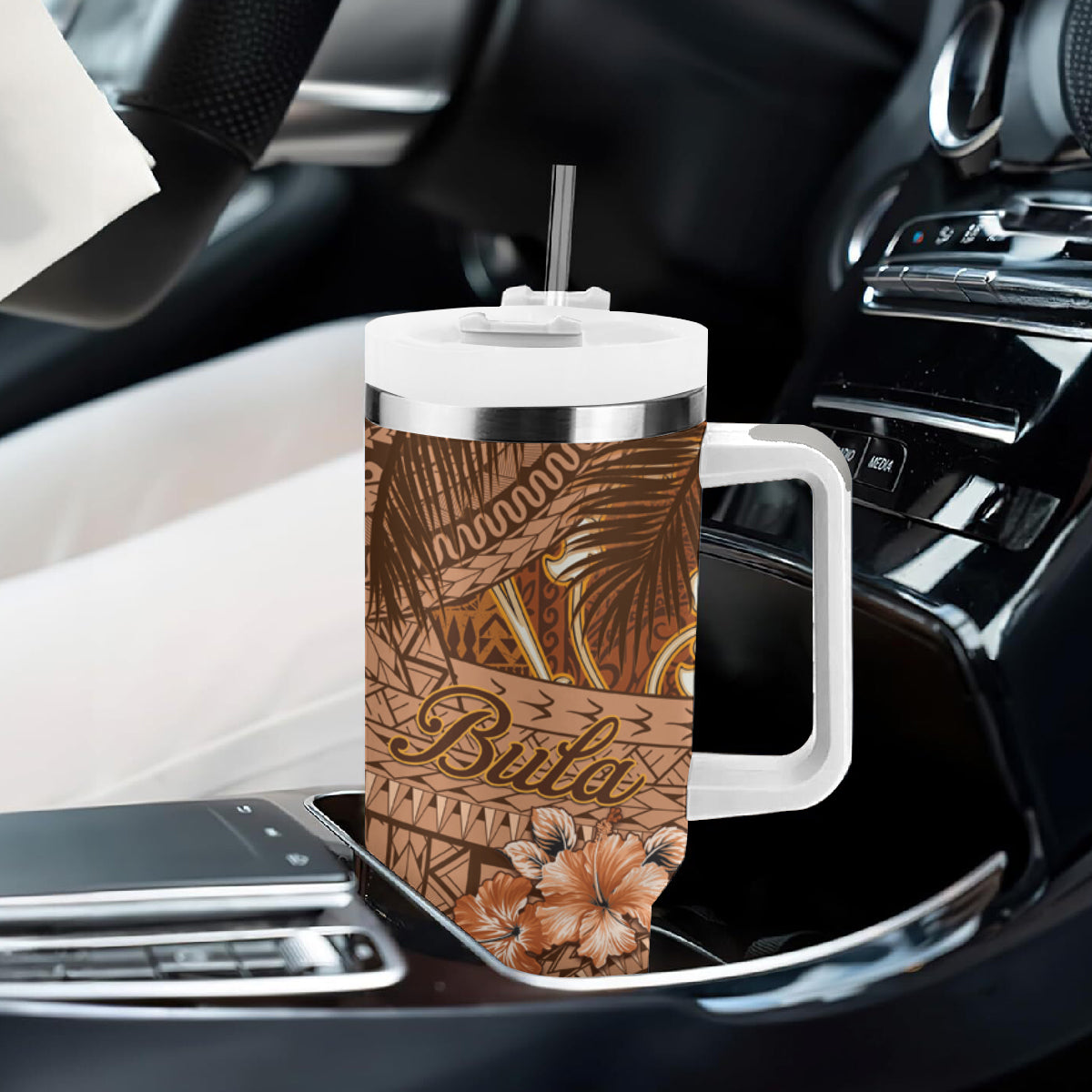 Fiji Masi Tumbler With Handle Bula Fijian Masi Tapa Vintage Style LT01 - Polynesian Pride