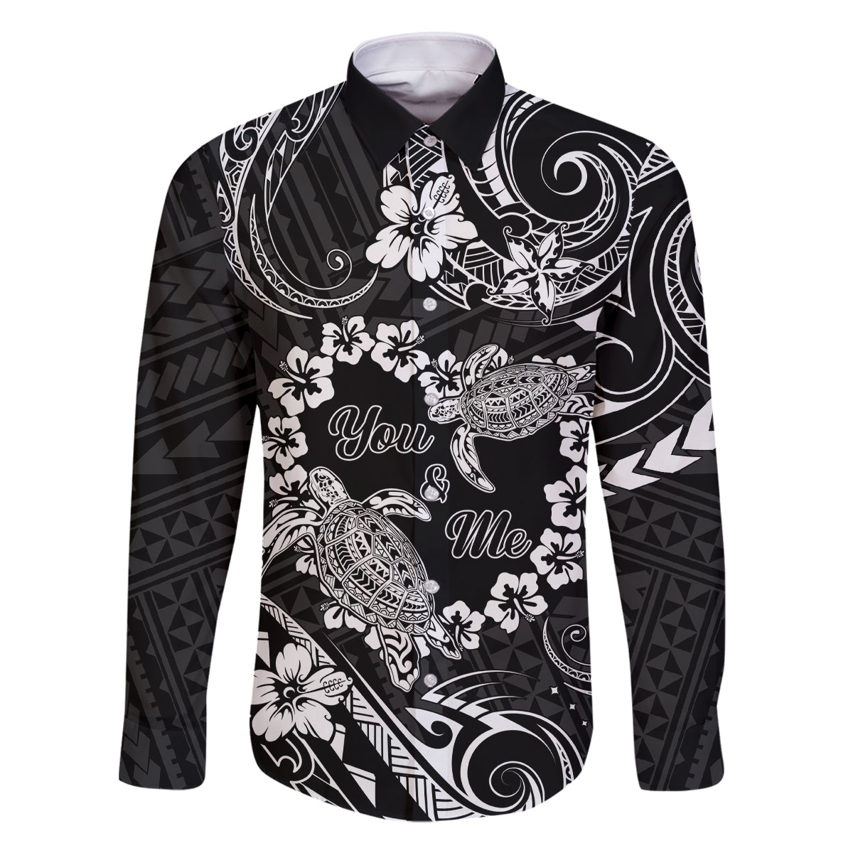 Polynesian Turtle Valentine Family Matching Tank Maxi Dress and Hawaiian Shirt You And Me Hibiscus Heart LT01 Dad's Shirt - Long Sleeve Black - Polynesian Pride