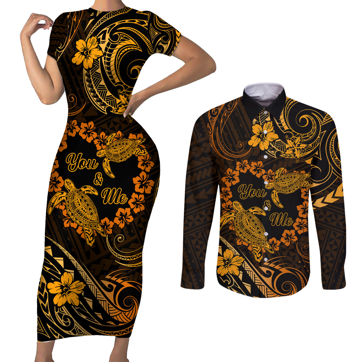 Polynesian Turtle Valentine Couples Matching Short Sleeve Bodycon Dress and Long Sleeve Button Shirt You And Me Gold Hibiscus Heart LT01 Gold - Polynesian Pride