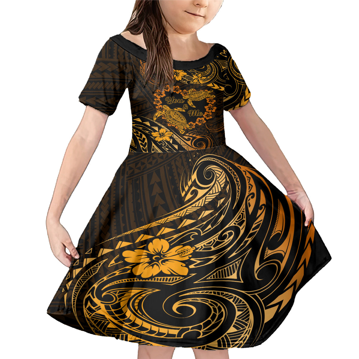 Polynesian Turtle Valentine Family Matching Mermaid Dress and Hawaiian Shirt You And Me Gold Hibiscus Heart LT01 Daughter's Dress Gold - Polynesian Pride