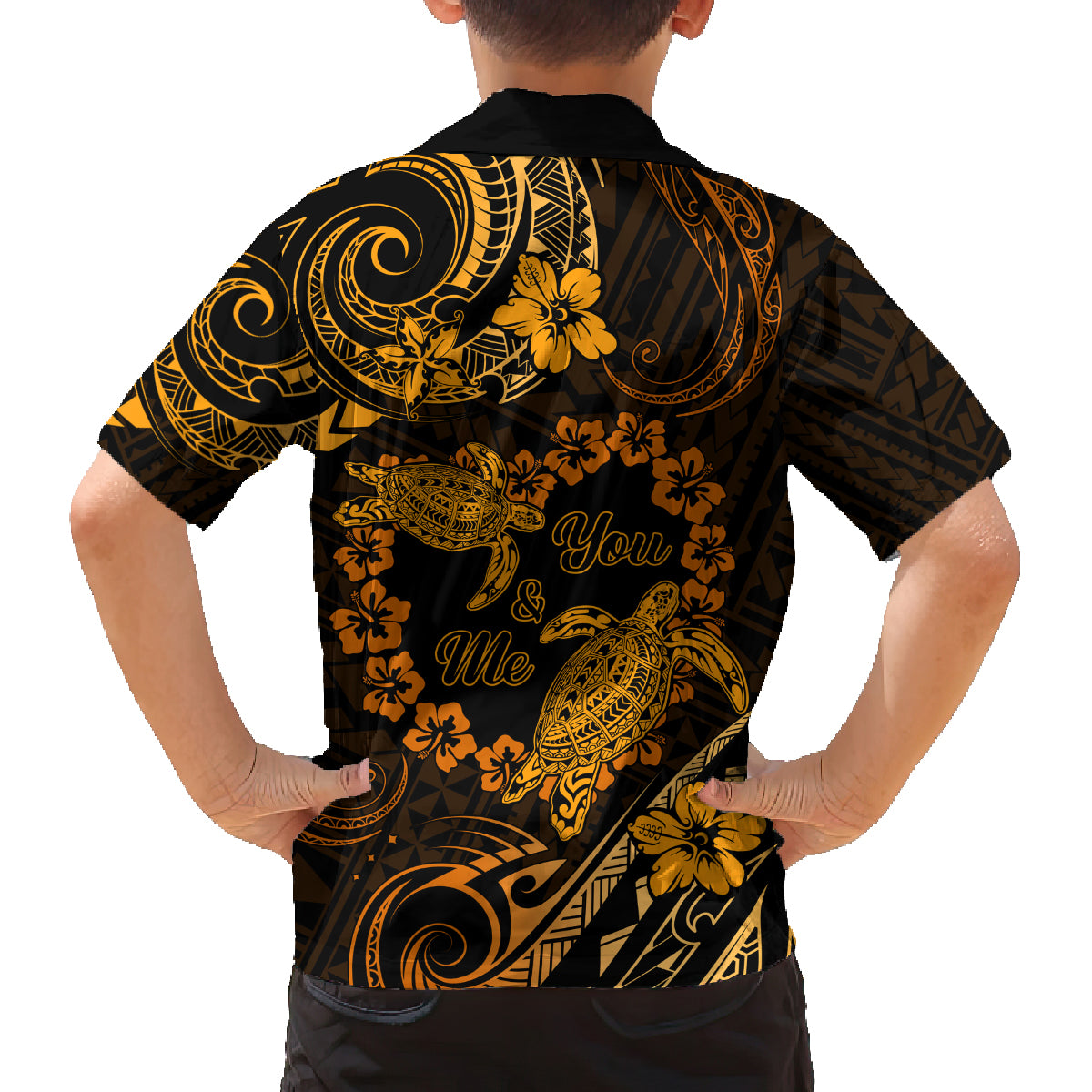 Polynesian Turtle Valentine Family Matching Tank Maxi Dress and Hawaiian Shirt You And Me Gold Hibiscus Heart LT01 - Polynesian Pride