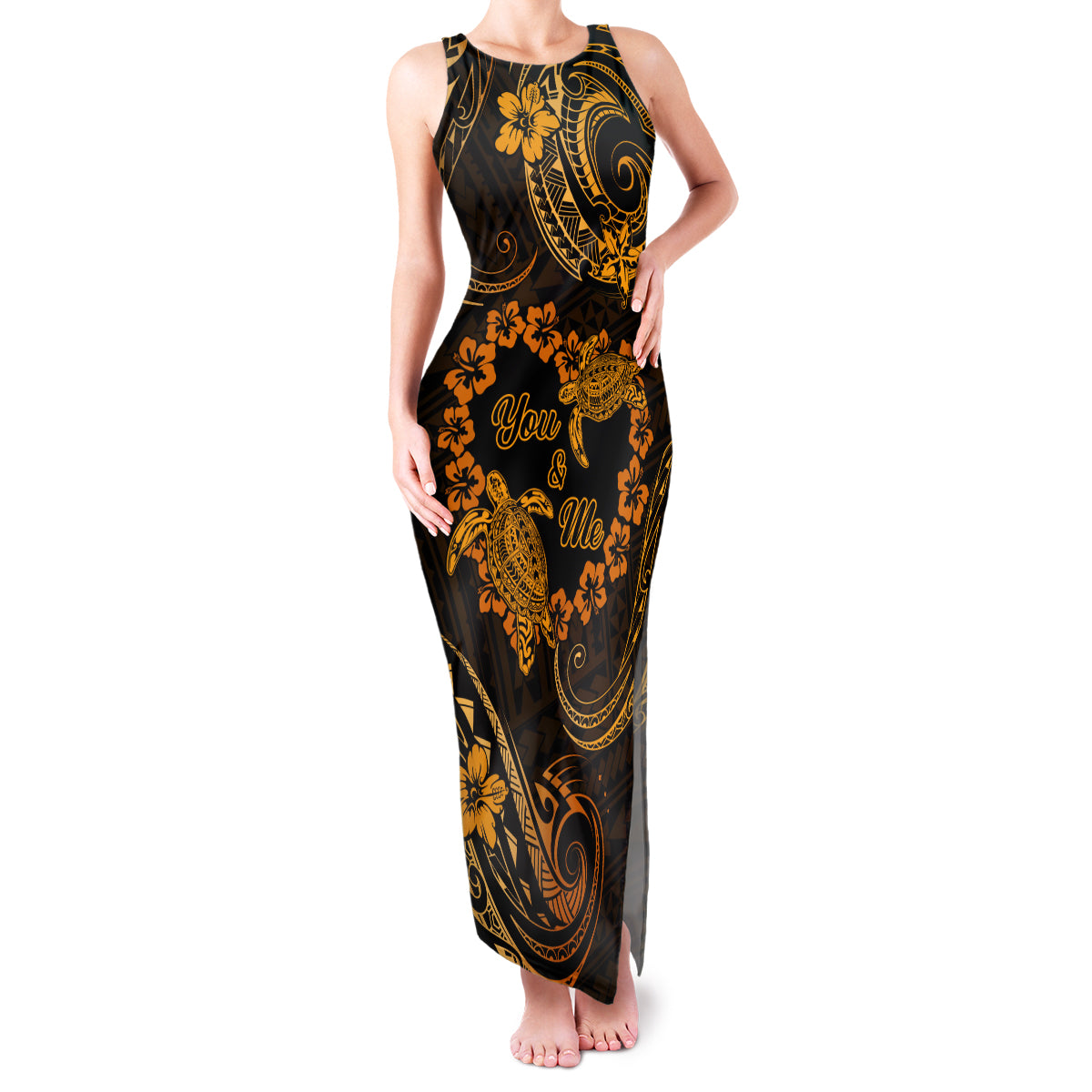 Polynesian Turtle Valentine Family Matching Tank Maxi Dress and Hawaiian Shirt You And Me Gold Hibiscus Heart LT01 Mom's Dress Gold - Polynesian Pride