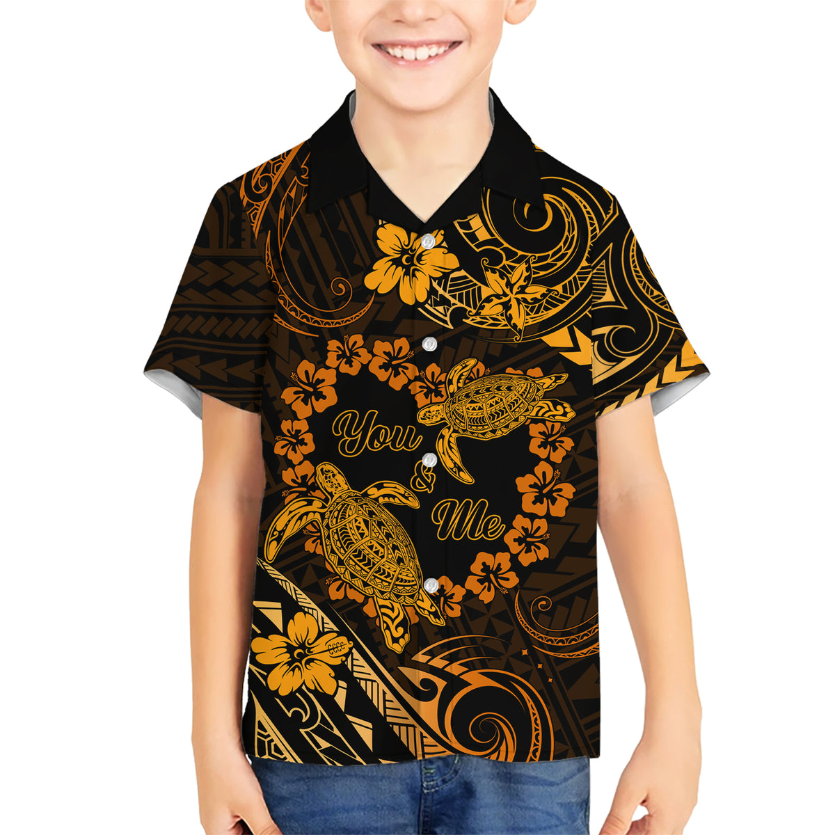 Polynesian Turtle Valentine Kid Hawaiian Shirt You And Me Gold Hibiscus Heart LT01 Kid Gold - Polynesian Pride