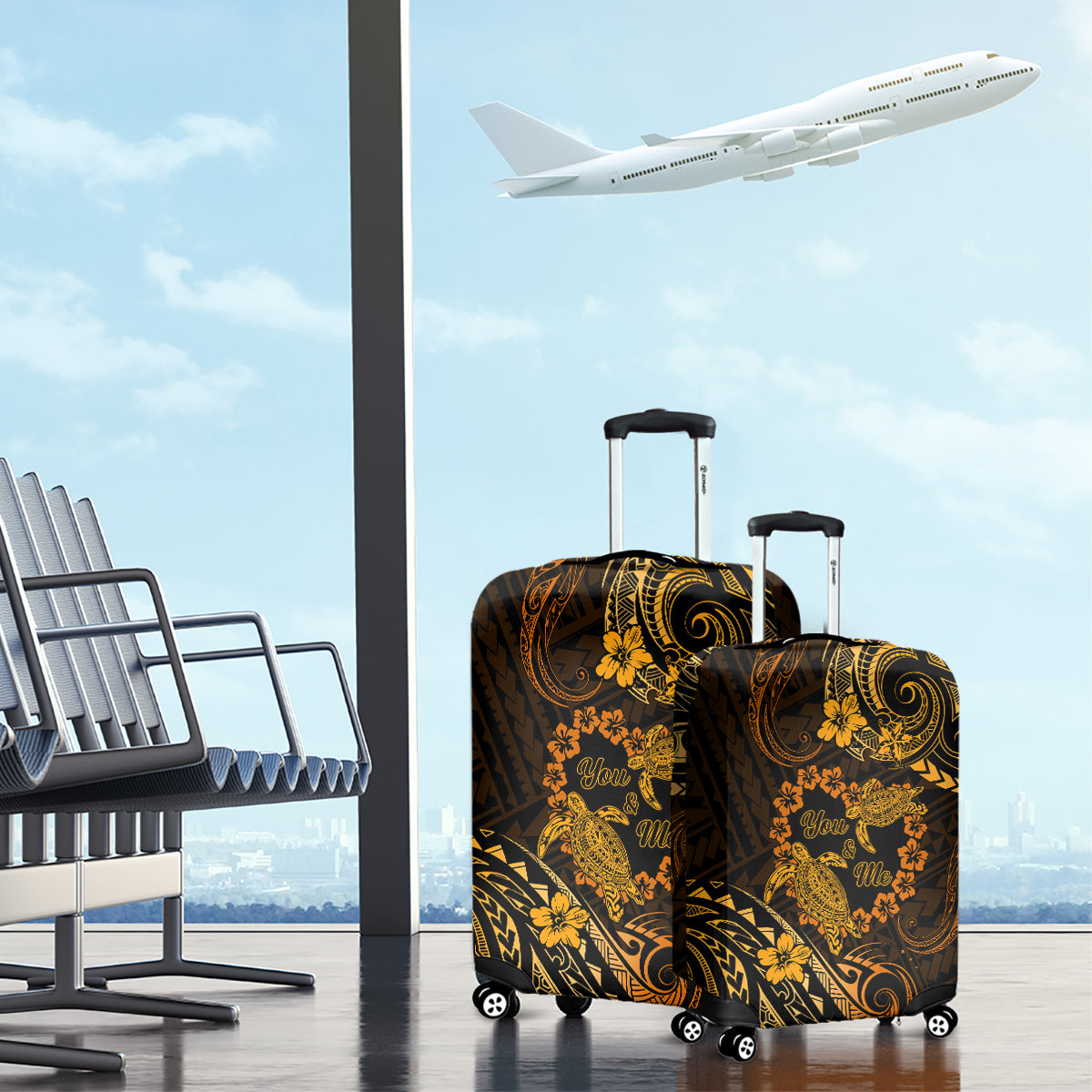 Polynesian Turtle Valentine Luggage Cover You And Me Gold Hibiscus Heart LT01 - Polynesian Pride