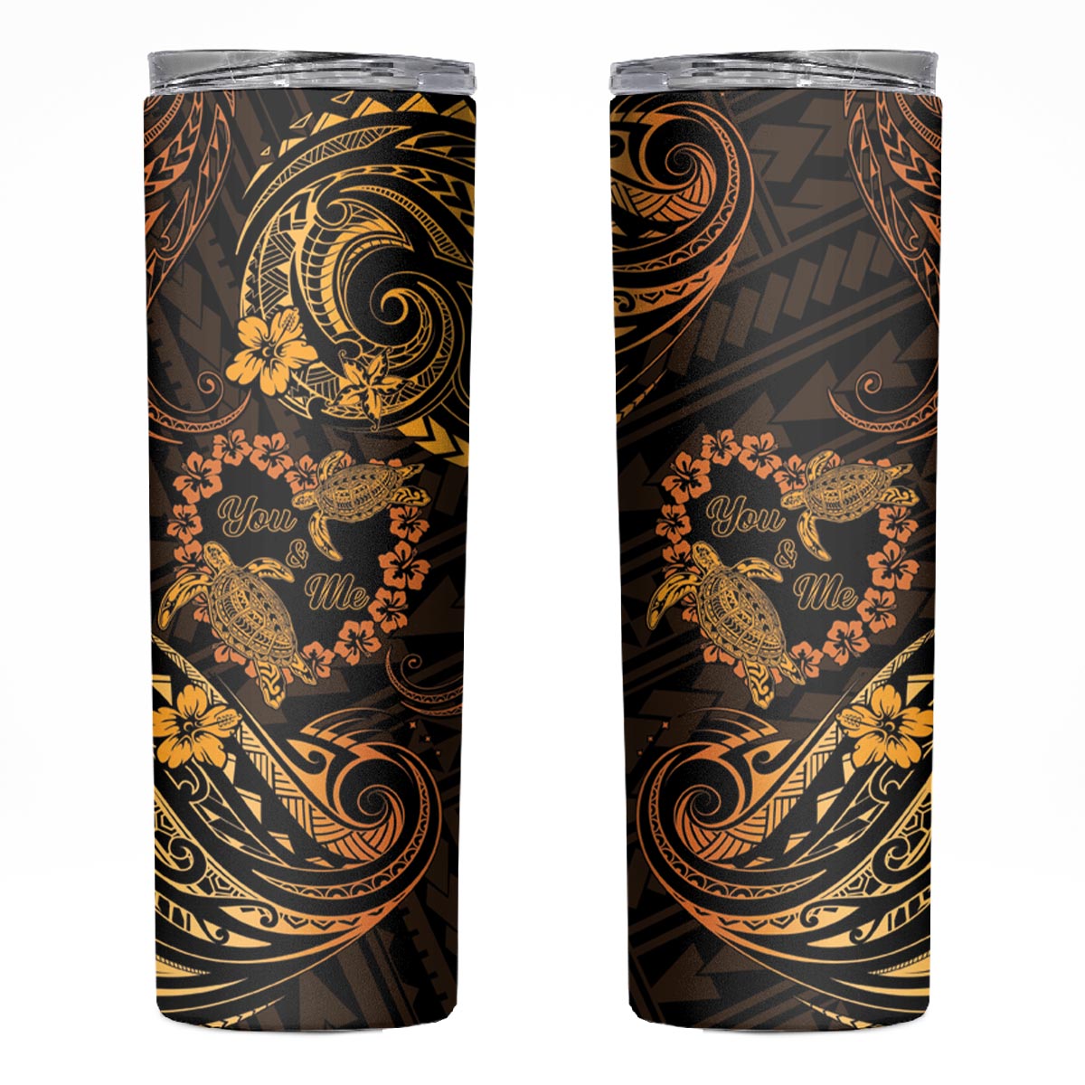 Polynesian Turtle Valentine Skinny Tumbler You And Me Gold Hibiscus Heart LT01 Gold - Polynesian Pride