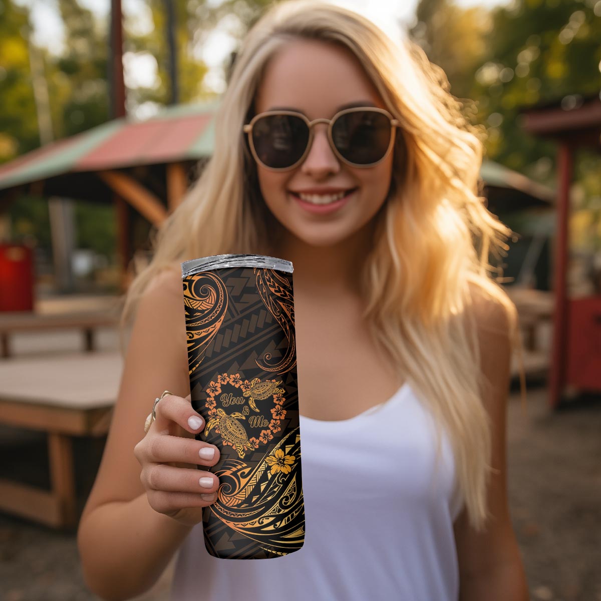 Polynesian Turtle Valentine Skinny Tumbler You And Me Gold Hibiscus Heart LT01 - Polynesian Pride