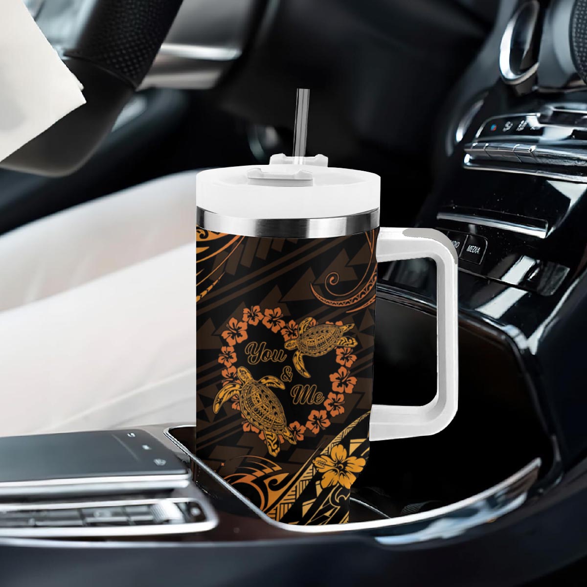 Polynesian Turtle Valentine Tumbler With Handle You And Me Gold Hibiscus Heart