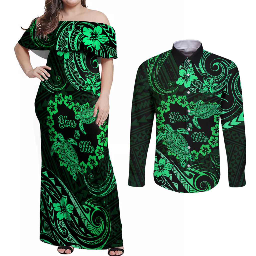 Polynesian Turtle Valentine Couples Matching Off Shoulder Maxi Dress and Long Sleeve Button Shirt You And Me Green Hibiscus Heart LT01 Green - Polynesian Pride