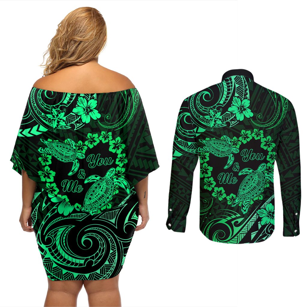 Polynesian Turtle Valentine Couples Matching Off Shoulder Short Dress and Long Sleeve Button Shirt You And Me Green Hibiscus Heart LT01 - Polynesian Pride