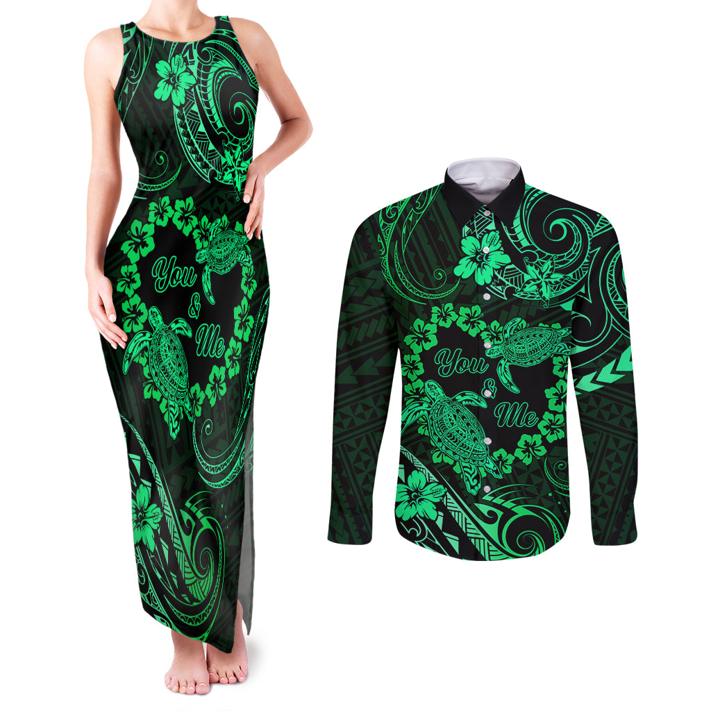 Polynesian Turtle Valentine Couples Matching Tank Maxi Dress and Long Sleeve Button Shirt You And Me Green Hibiscus Heart LT01 Green - Polynesian Pride
