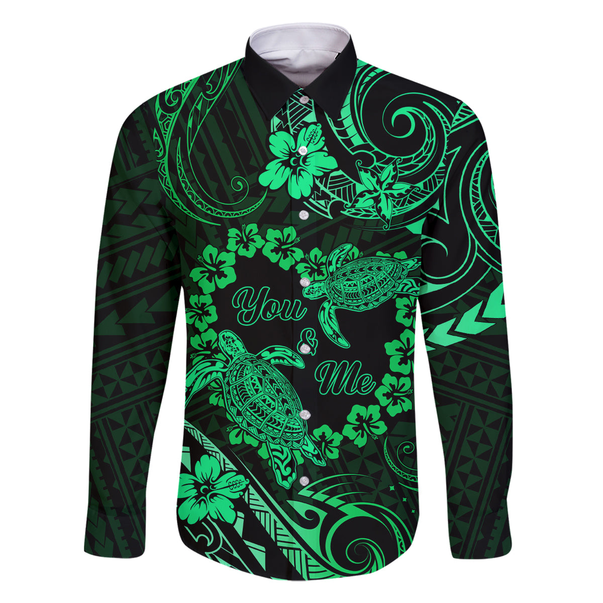 Polynesian Turtle Valentine Family Matching Off Shoulder Maxi Dress and Hawaiian Shirt You And Me Green Hibiscus Heart LT01 Dad's Shirt - Long Sleeve Green - Polynesian Pride