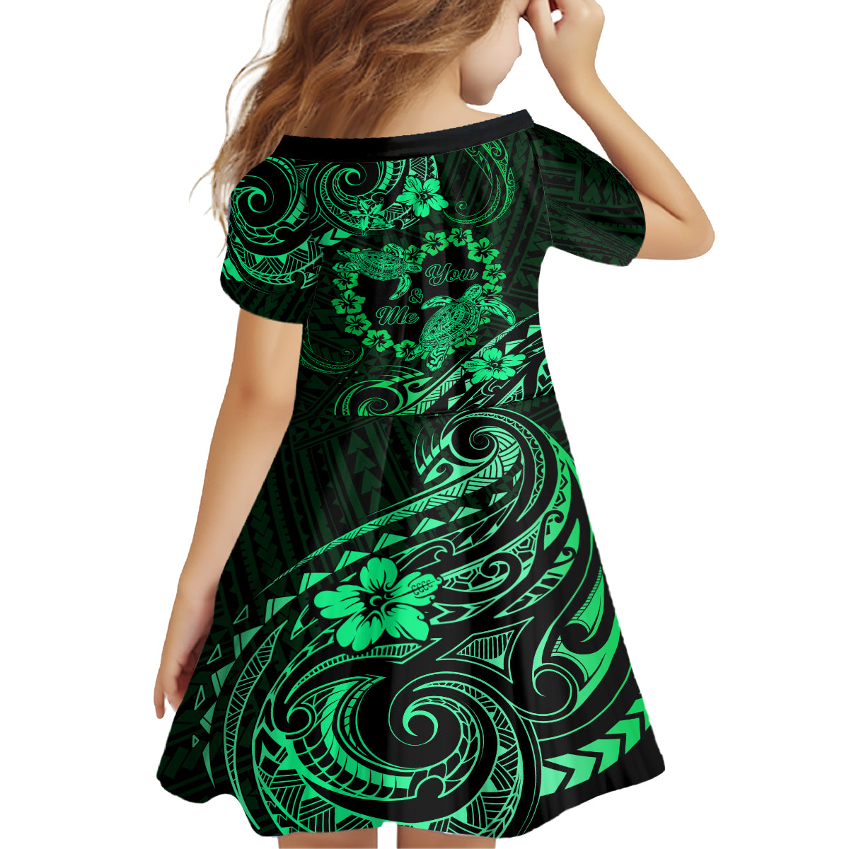 Polynesian Turtle Valentine Family Matching Puletasi and Hawaiian Shirt You And Me Green Hibiscus Heart LT01 - Polynesian Pride