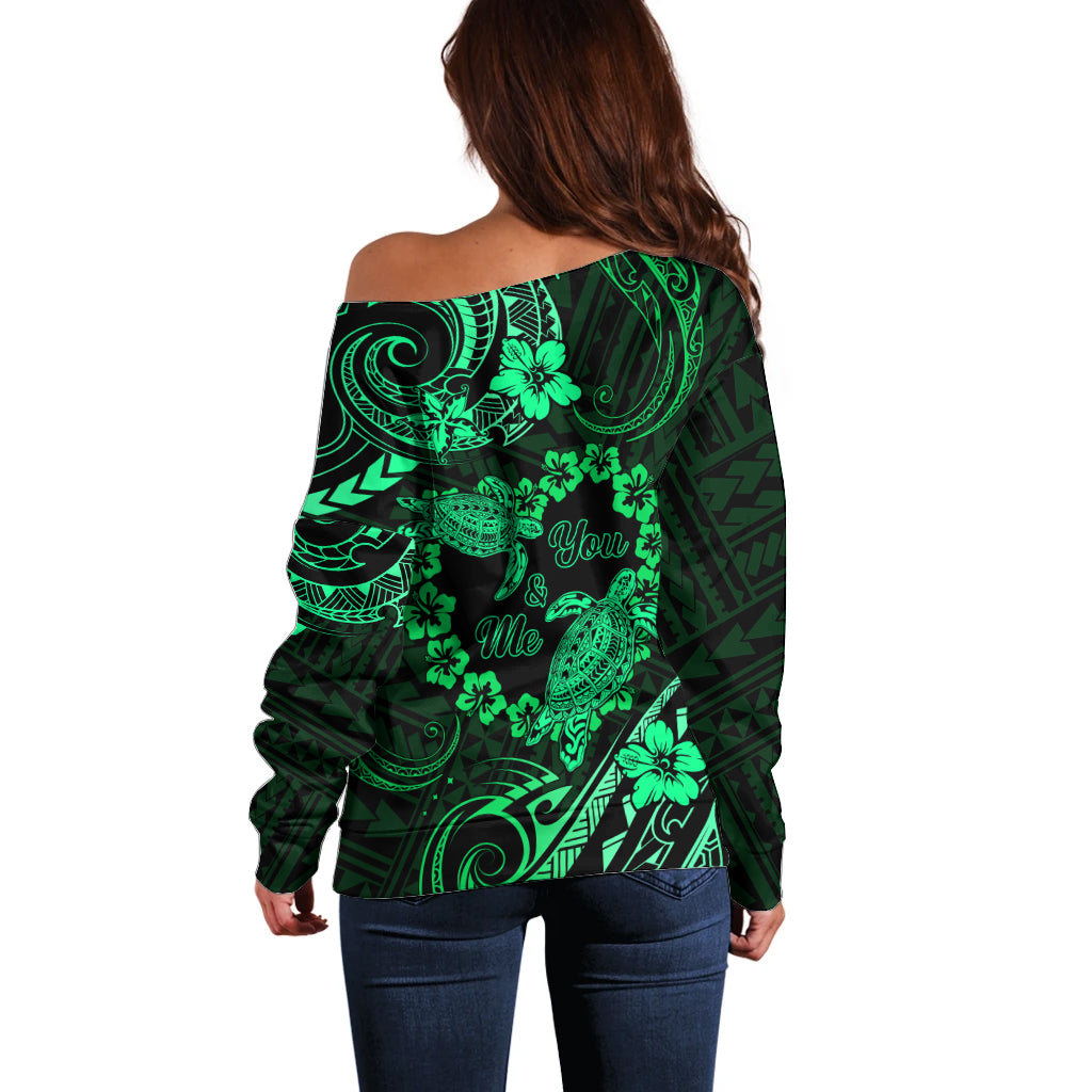 Polynesian Turtle Valentine Off Shoulder Sweater You And Me Green Hibiscus Heart LT01 - Polynesian Pride