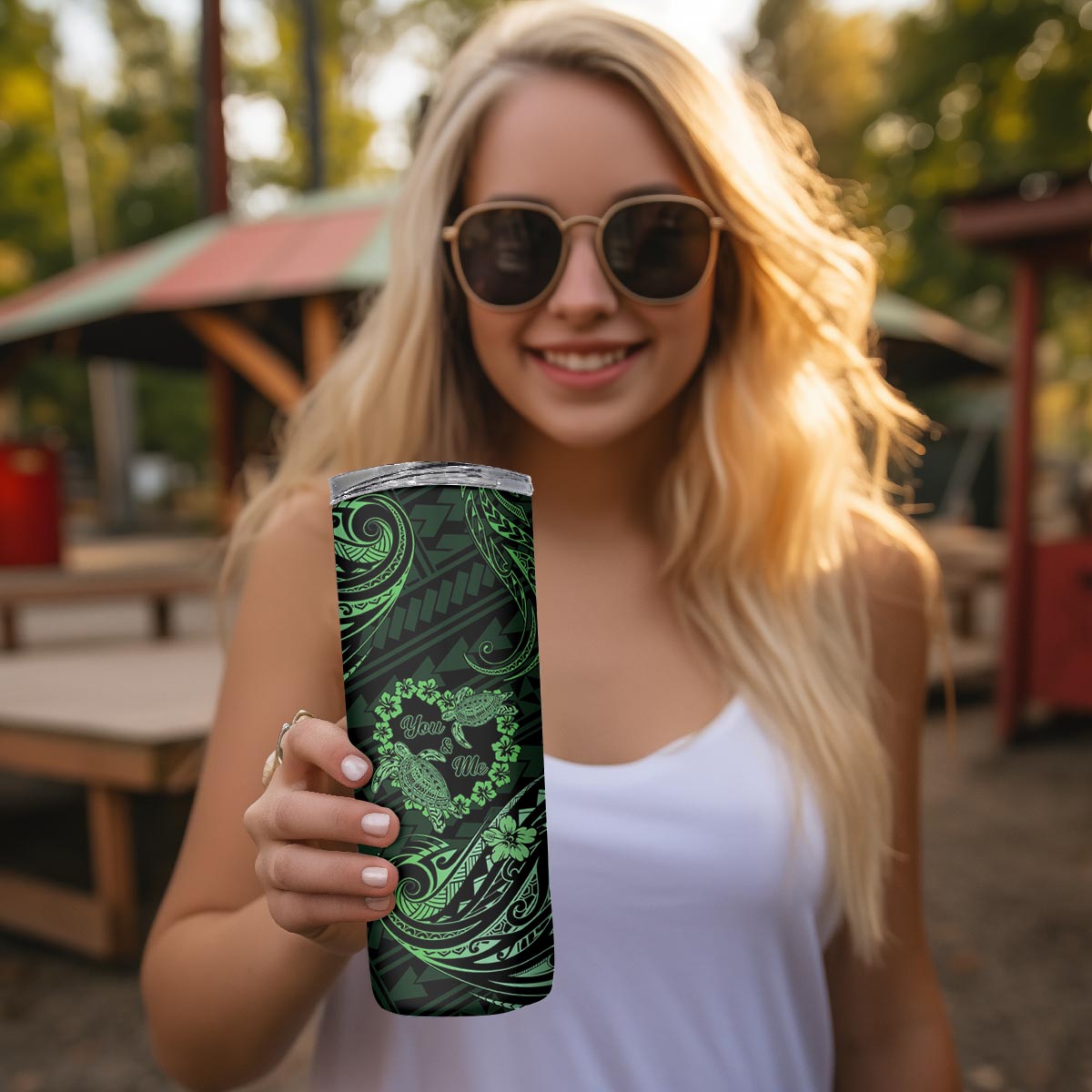Polynesian Turtle Valentine Skinny Tumbler You And Me Green Hibiscus Heart LT01 - Polynesian Pride