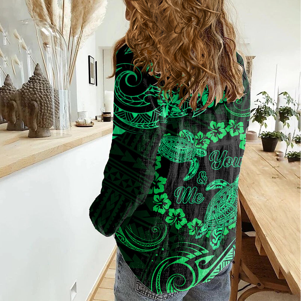 Polynesian Turtle Valentine Women Casual Shirt You And Me Green Hibiscus Heart LT01 - Polynesian Pride