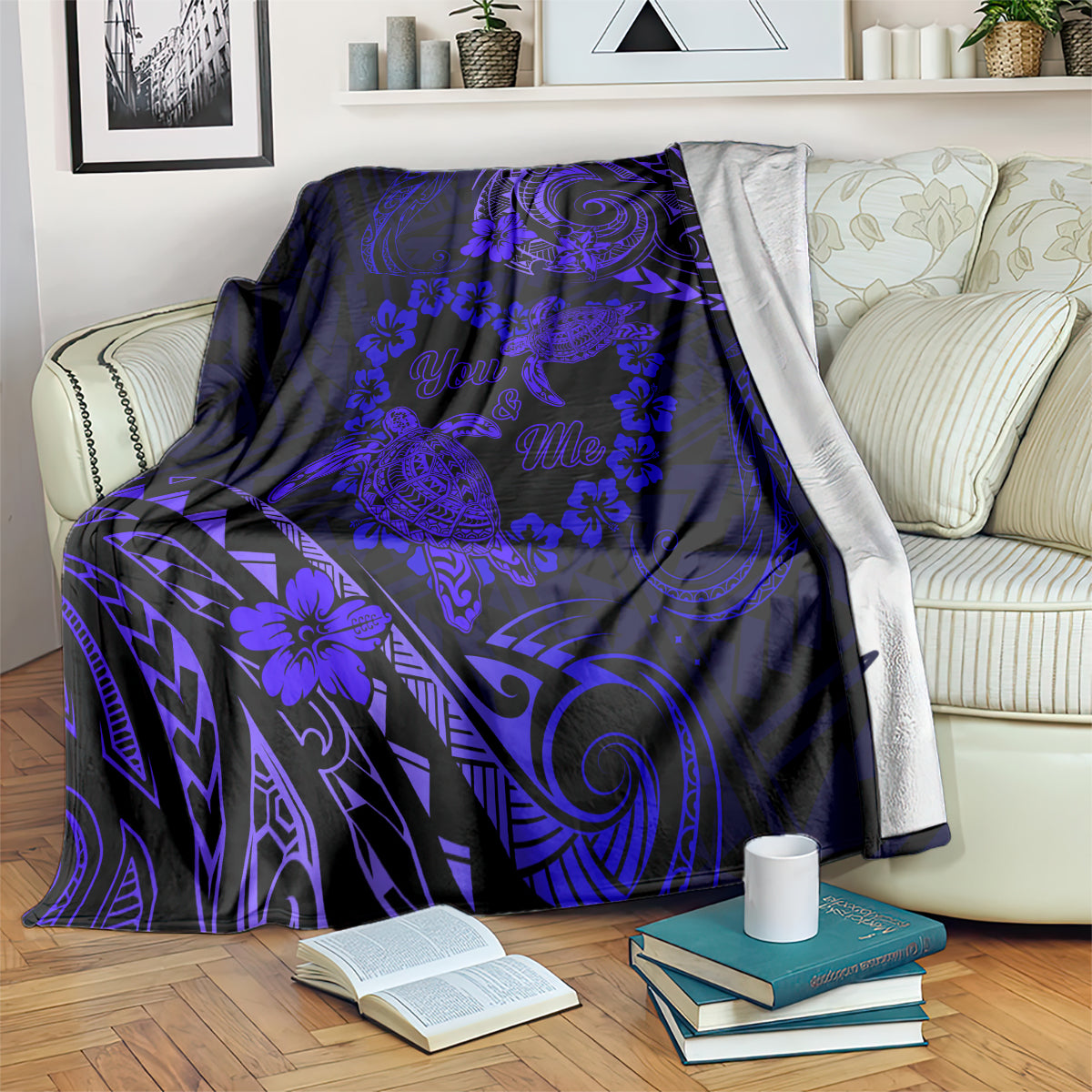 Polynesian Turtle Valentine Blanket You And Me Navy Blue Hibiscus Heart LT01 - Polynesian Pride