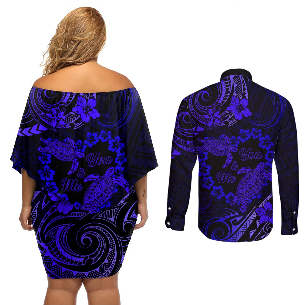 Polynesian Turtle Valentine Couples Matching Off Shoulder Short Dress and Long Sleeve Button Shirt You And Me Navy Blue Hibiscus Heart LT01 - Polynesian Pride