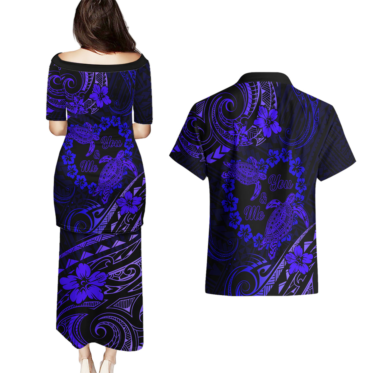 Polynesian Turtle Valentine Couples Matching Puletasi and Hawaiian Shirt You And Me Navy Blue Hibiscus Heart LT01 - Polynesian Pride