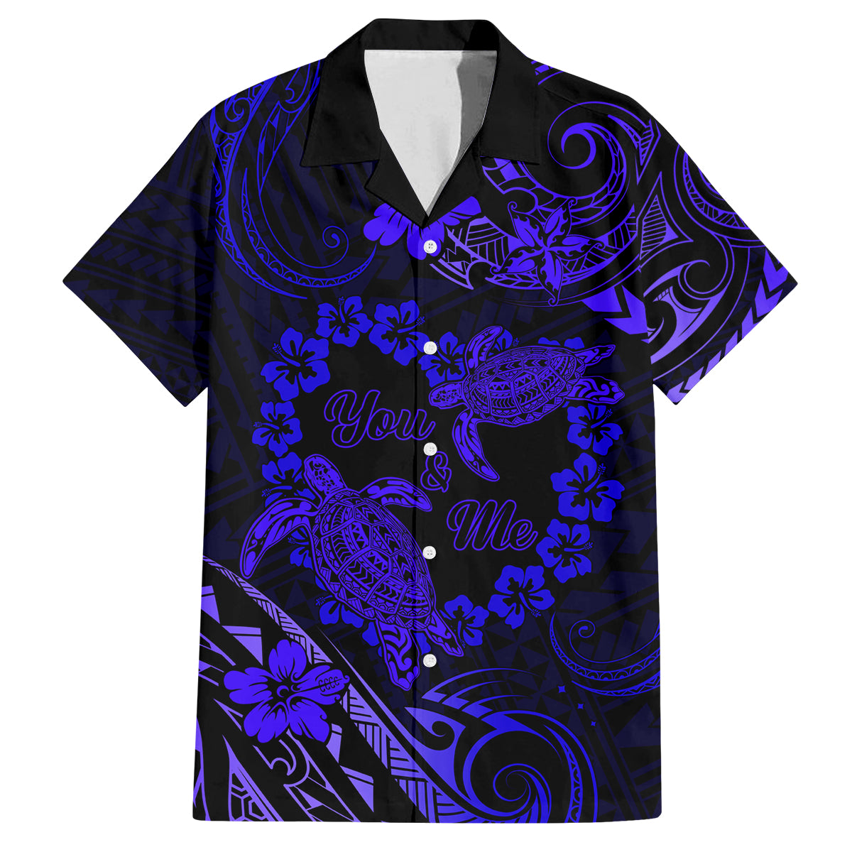 Polynesian Turtle Valentine Family Matching Summer Maxi Dress and Hawaiian Shirt You And Me Navy Blue Hibiscus Heart LT01 Dad's Shirt - Short Sleeve Blue - Polynesian Pride